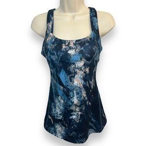 Lucy Active Women’s Built in Bra Criss Cross Tank Blue Marble Size Small